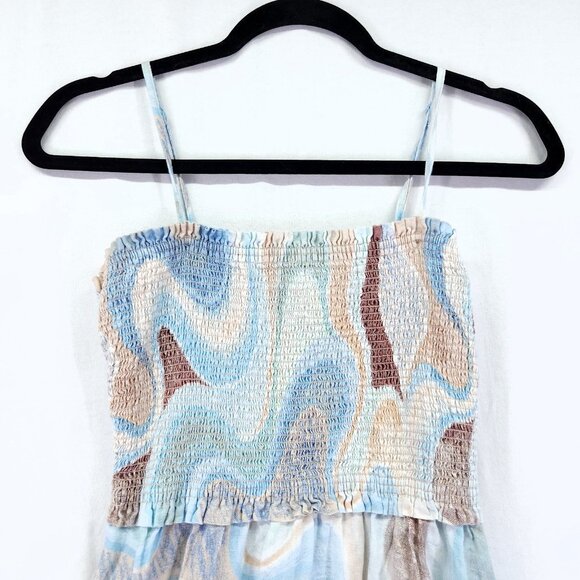 Aritzia Wilfred Linen Mini Dress Size Small Water Color Tiered Shirred Top - Picture 9 of 11